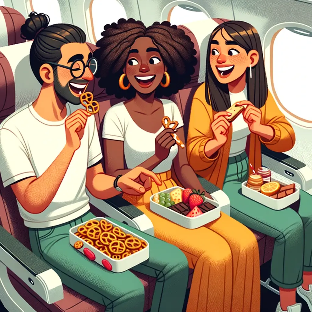 three persons eating snacks on plane