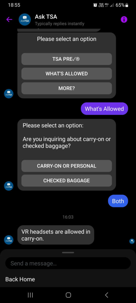 Communication with TSA on fb messenger about vr headset and specially the new apple vision pro