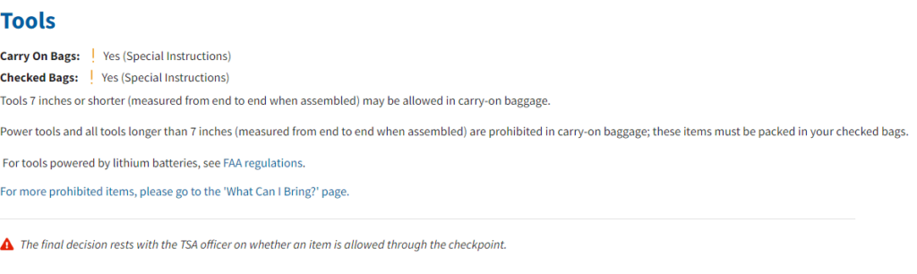 TSA Tools Rules