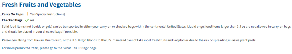 TSA rules about fresh fruits and vegetables