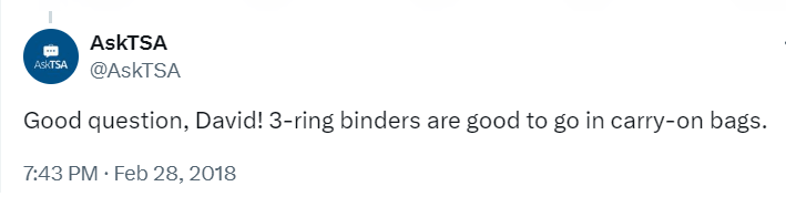 ASK TSA's answer about 3 ring binders