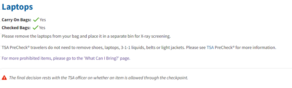 TSA rules on travelling with laptops