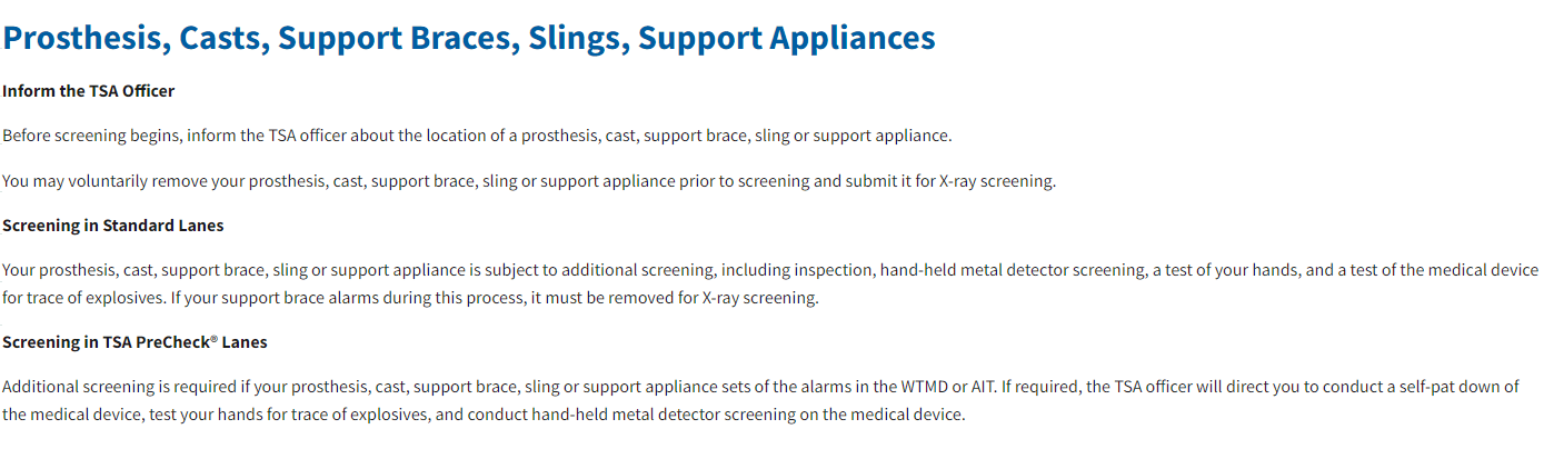 TSA rules about prosthesis, cats support braces slings and support applicances