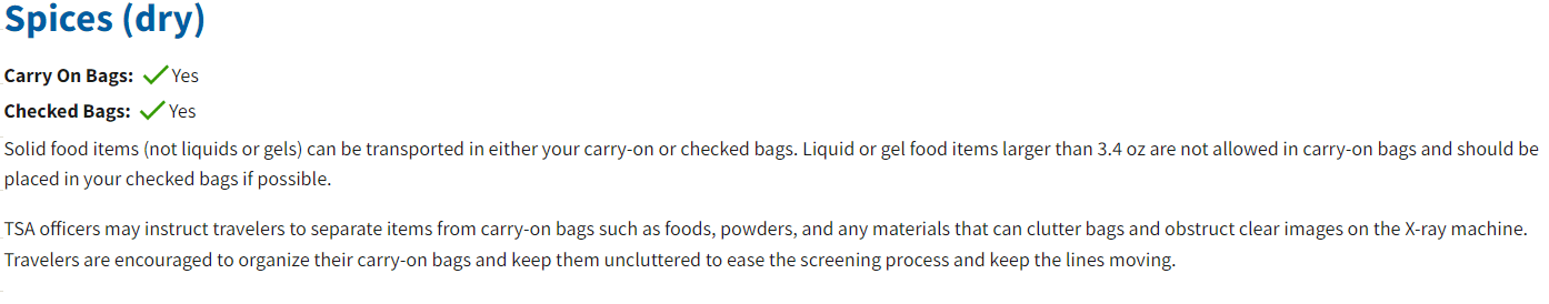 TSA Rules on Spices including cummin