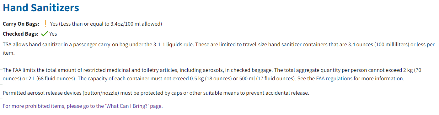 TSA About hand sanitizers