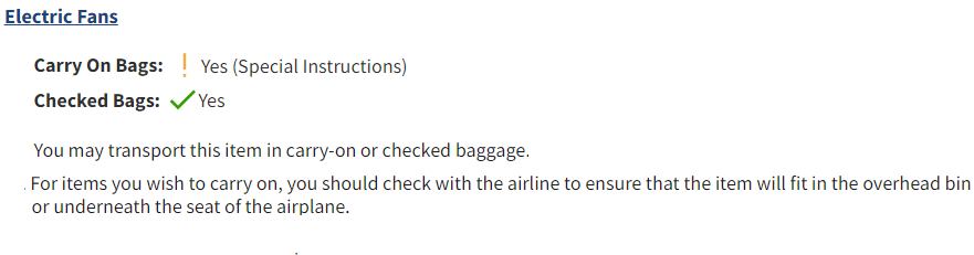 TSA Rule on electric fans