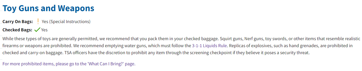 TSA rules on travelling with toy guns and weapons